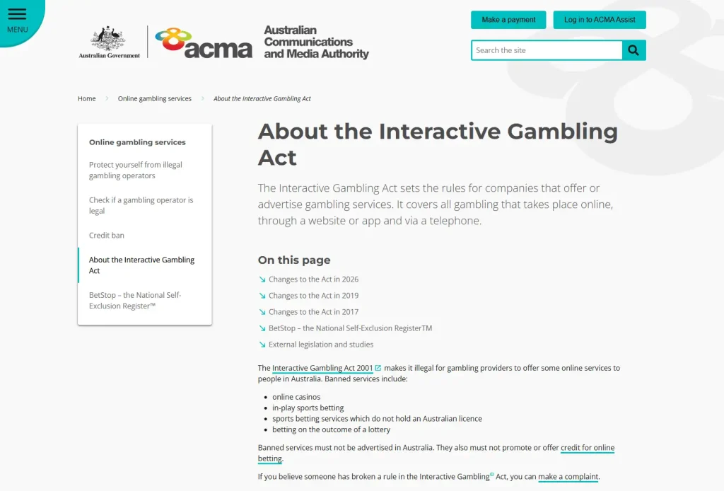 ACMA Interactive Gambling Act page showing that online casinos are banned services for providers to offer to people in Australia