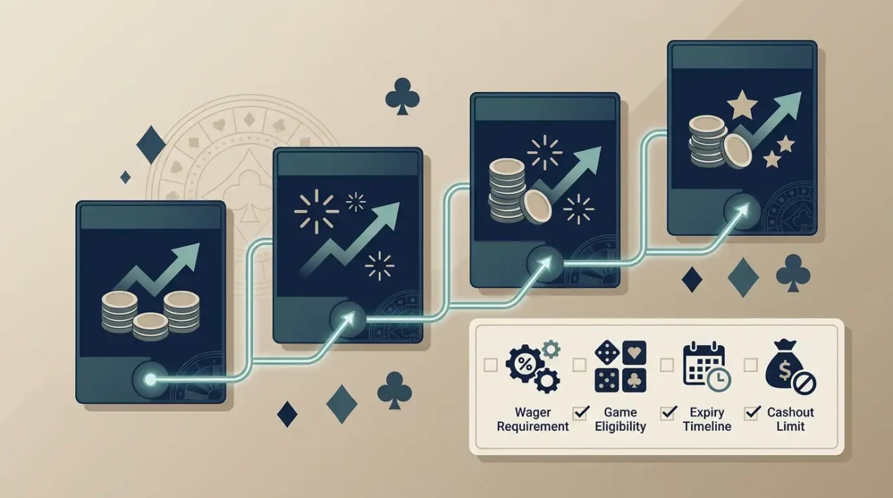 Editorial illustration of a four-stage casino bonus ladder with term-check symbols