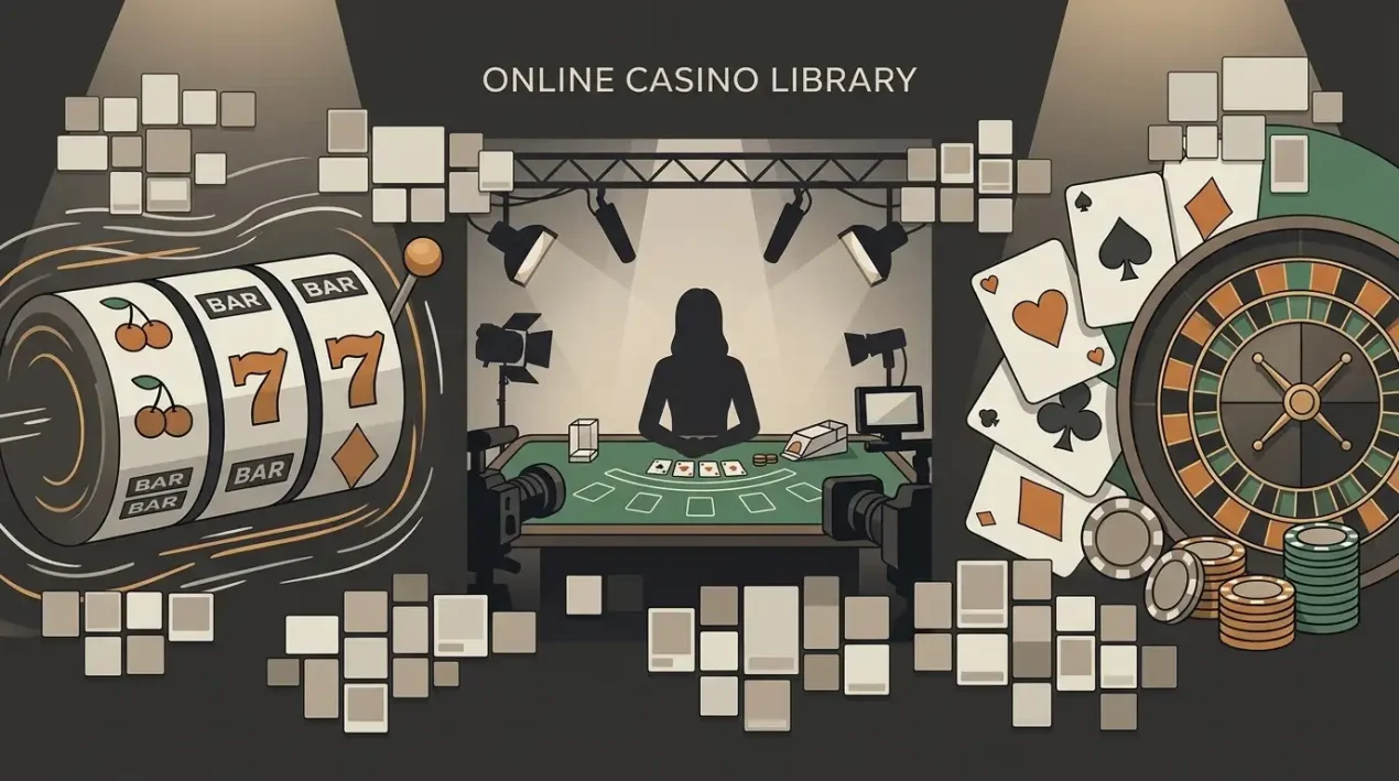 Editorial mosaic representing slots, table games and a live dealer studio without real game artwork