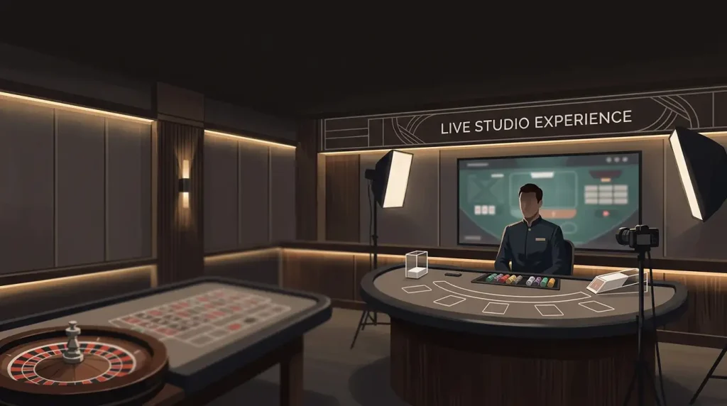 Generic live dealer studio with roulette and blackjack table elements and no real provider branding
