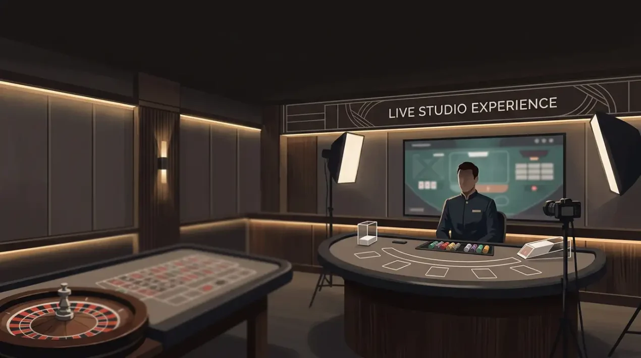 Generic live dealer studio with roulette and blackjack table elements and no real provider branding