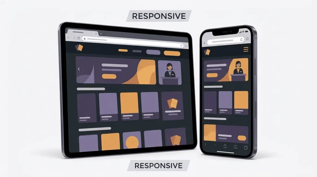 Generic smartphone and tablet displaying a responsive casino-style game grid inside browser frames with no real brand logos or app-store badges