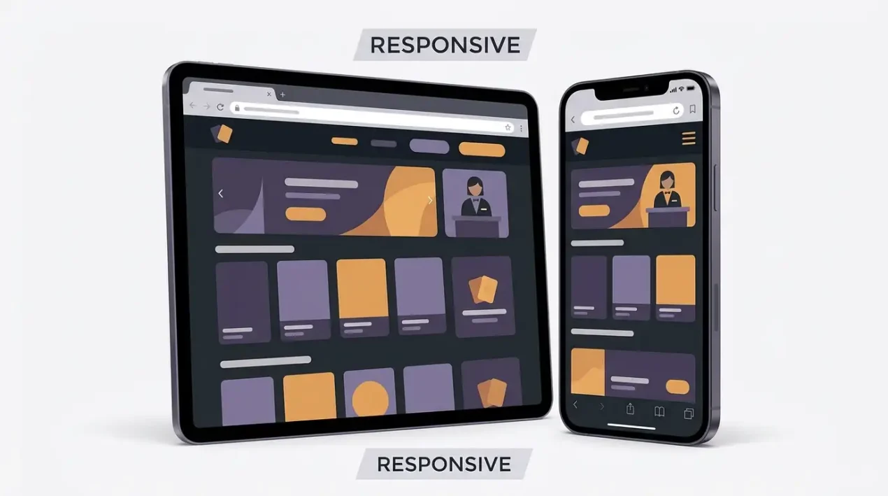 Generic smartphone and tablet displaying a responsive casino-style game grid inside browser frames with no real brand logos or app-store badges