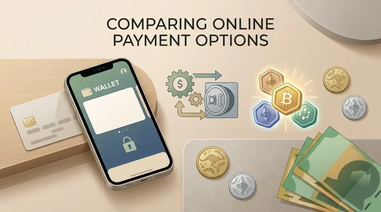 Generic payment composition with a bank card, digital wallet, bank transfer and cryptocurrency symbols without real payment brand logos