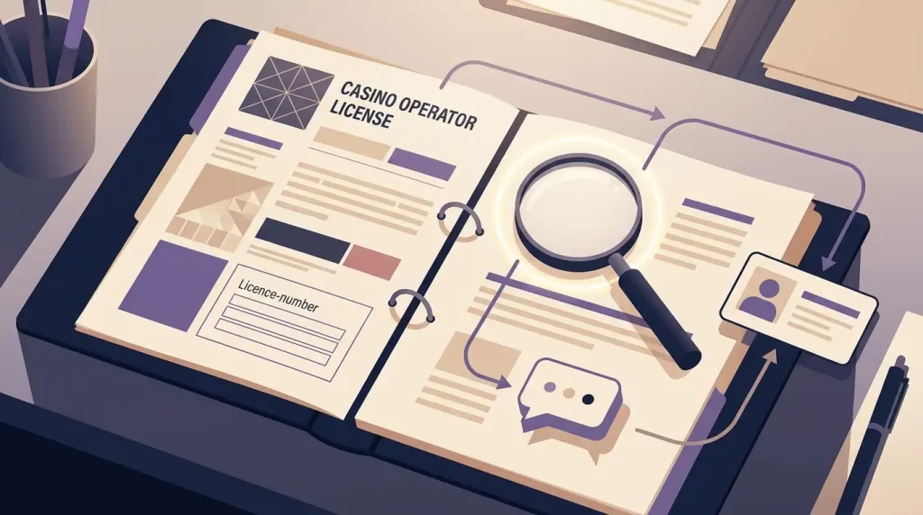 Neutral record-check illustration with a company file, licence number field, support chat and identity verification symbols without regulator seals or fake certificates