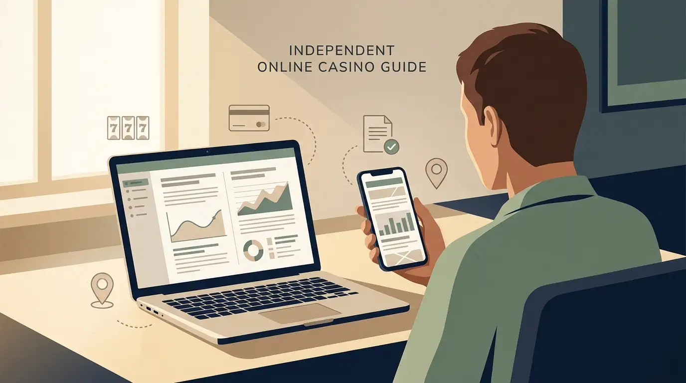 Editorial illustration of an Australian reader comparing casino information on laptop and mobile screens