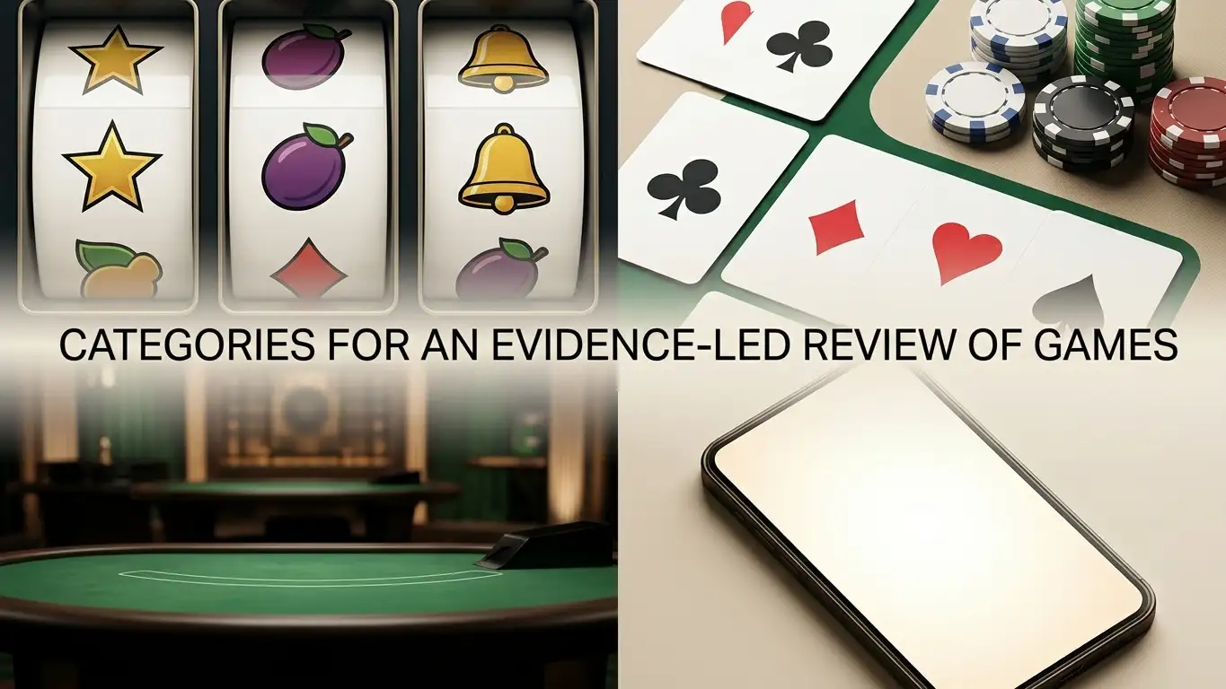 Editorial illustration of generic casino game categories including reels, cards and live table motifs