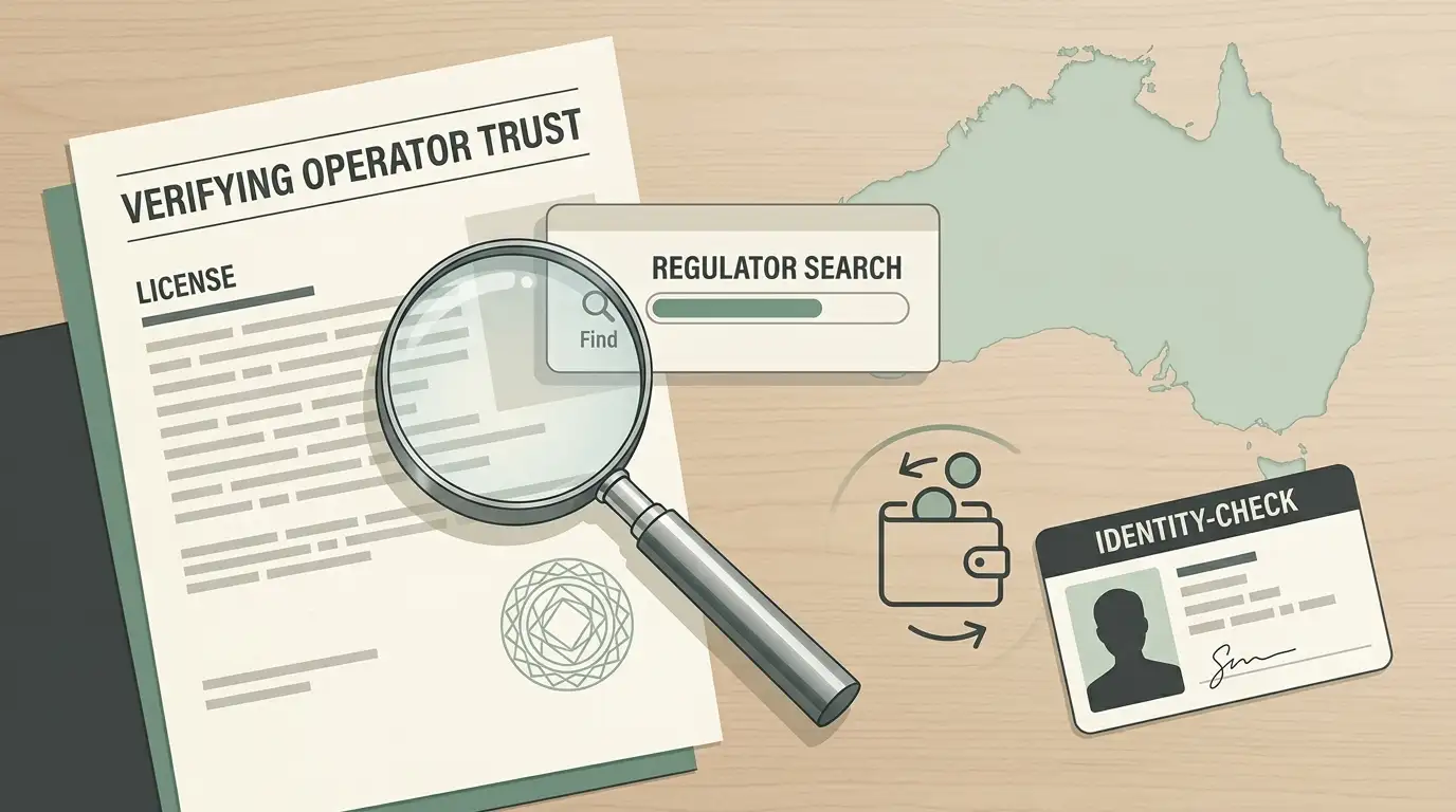 Editorial illustration of a licence document, regulator search, wallet and identity-check symbols